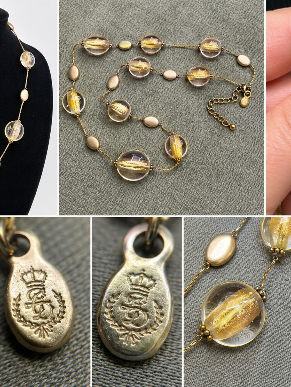 Premier Designs Retired Signed Vintage Art Glass Gold Tone Station Necklace